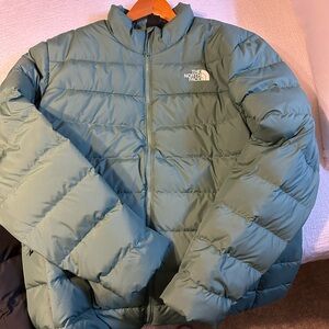 The North Face Green Puffer Jacket with Quilted Design and Stand-Up Collar